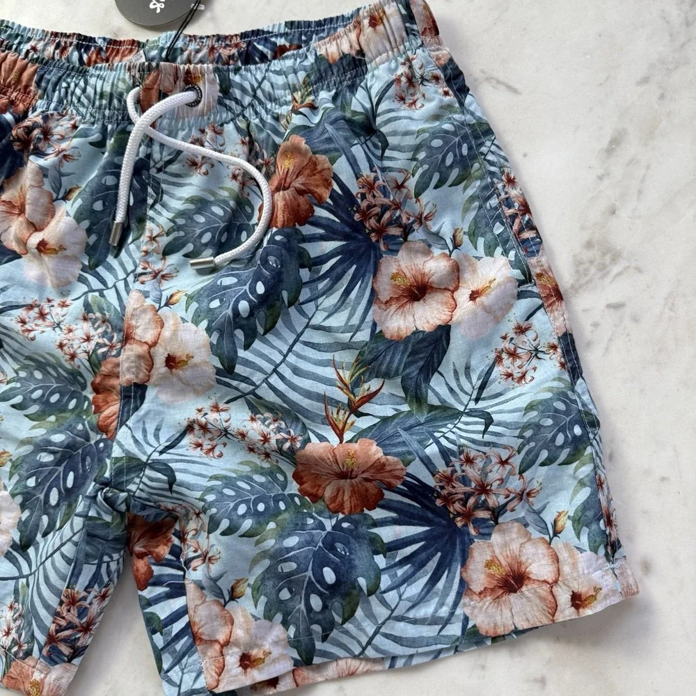 NEW Franks Australia Swim Trunks Maui Sky Floral Small Lined $89‎ White Lotus